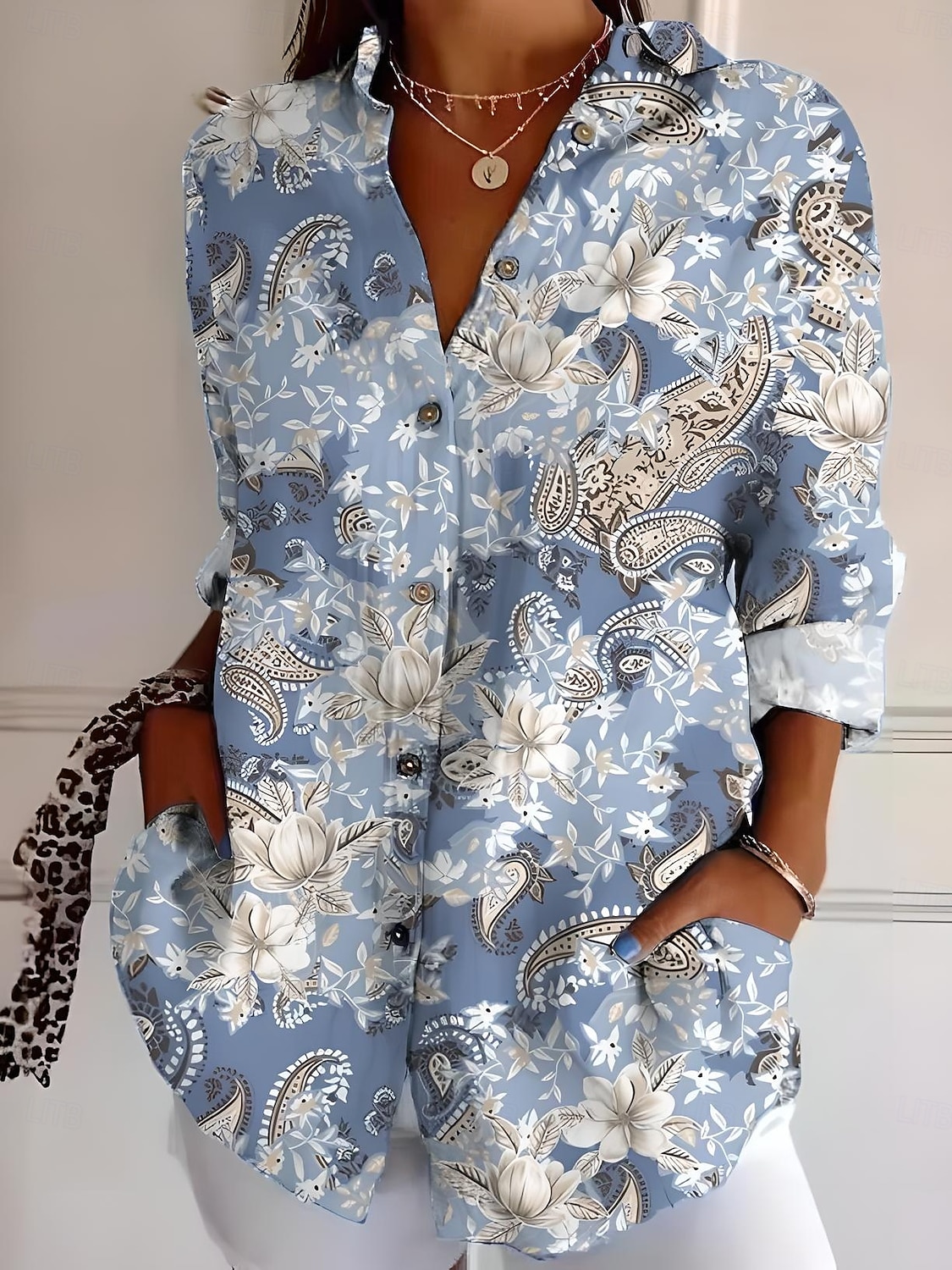 Camicia da donna a maniche lunghe bottone giù blusa floreale grafica geometrica casual colletto regolare top da lavoro quotidiano vacanze bottoni stampa denim blu nero arancione azzurro estate del 2025 a $32.99 –P3