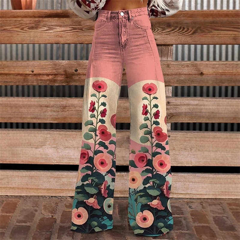 Retro Cikánský 70. léta Kalhoty Široké legované kalhoty Hippie Disko Vysoký pas Květinový Styl falešných džínů Maškarní kostým Dámské Karneval Běžné / Denní hudební festival Retro tematická párty 2025 - $35.99 –P2