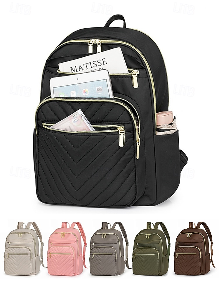 wasserabweisender Damen-Reiserucksack aus Nylon mit gesteppter Fronttasche, goldenen Reißverschlüssen und Gepäckgurt für Business-, Schul- und Wochenendausflüge 2026 - $32.99 –P6