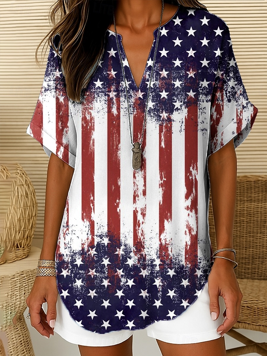 Vrouwen Patriottische Blouse Ombre Hart Vlag Elegant Dagelijks Stijlvol Korte Mouw V-hals Niet-blinde Hals Regelmatige Tops Werk Dagelijks Vakantie Wit Rood Blauw Zomer 2025 - $23.99 –P2