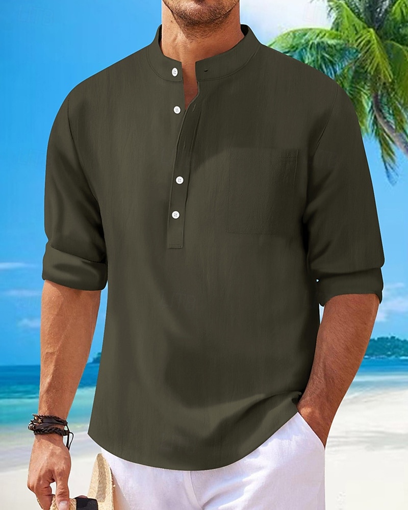 Herren Hemd Leinenhemd Popover-Hemd Freizeithemd Baumwollhemd Einfach Urlaub Hawaiianisch Schwarz Weiß Rosa Marineblau Langarm Stehkragen Frühling Herbst Bekleidung 2025 - $21.99 –P6