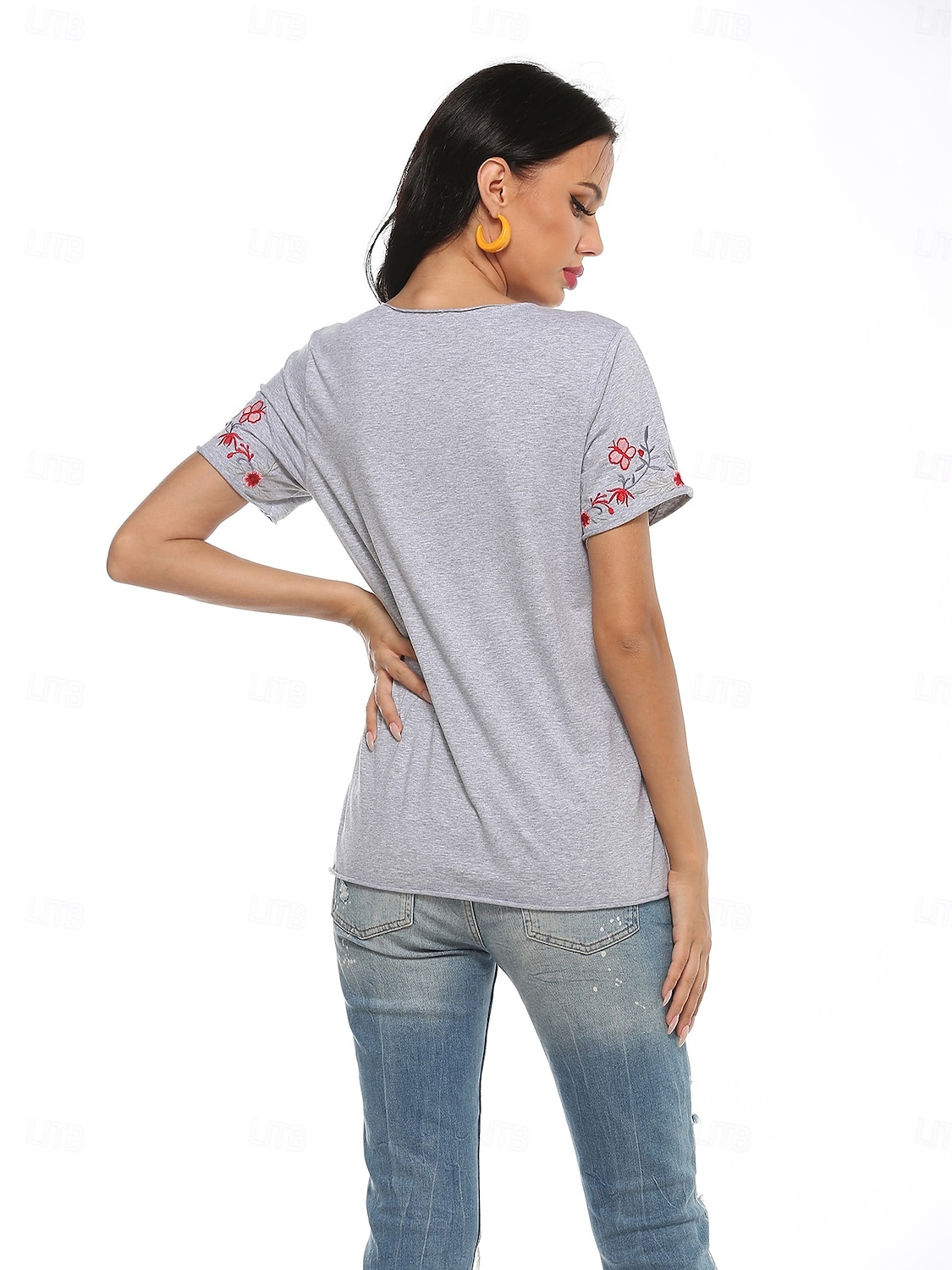 Erntedank Damen Baumwollhemd Einfach Bohemien Stilvoll Basic Kurzarm Puffärmel V Ausschnitt Normale Oberteile Täglich Sport Ausgehen Grau Sommer 2025 - $22.99 –P2