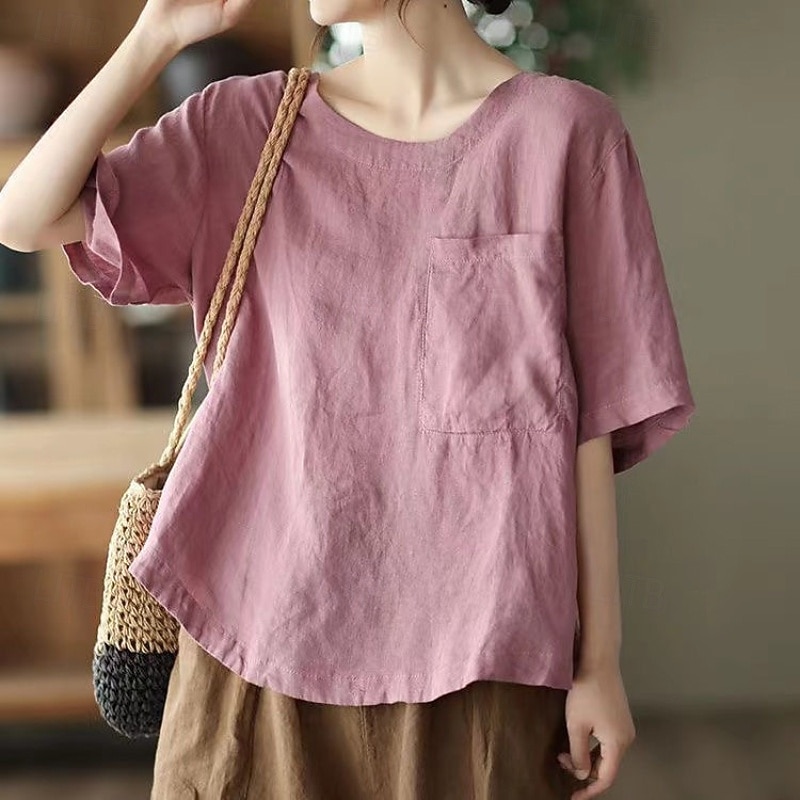 Damskie Koszule bawełniane lniane Koszula lniana Zestawy inspirowane lnem Bluzka Równina Nowoczesny Krótki rękaw Półgolf Zwykłe topy Święto Wyjściowe Kieszeń Fioletowy Pomarańczowy Zielony Khaki Lato 2026 - $23.99 –P4