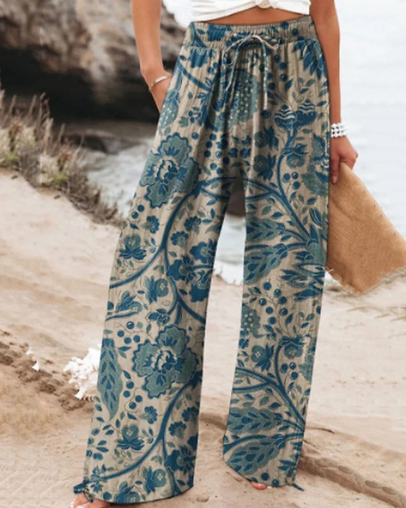 Per donna Pantaloni ispirati al lino Gamba larga Pantaloni Palazzo Moda Boho Lunghezza intera Vita Alta Fiore Elastico in vita Traspirante Confortevole Micro-elastico Streetwear Abbigliamento del 2025 a $27.99 –P2