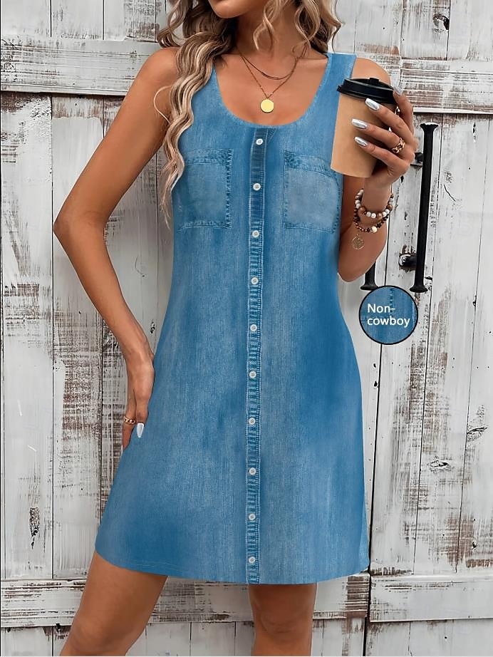 Damen Minikleid Sommerkleid A Linie Kleid Urlaub Lässig Täglich Normale Passform Grafik Einfach Ärmellos U-Ausschnitt Blau Dunkelblau Sommer 2025 - $21.99 –P2