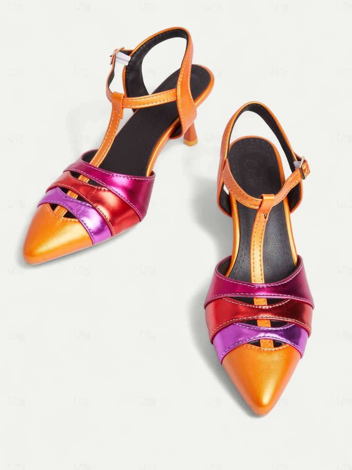 scarpe con tacco a T metallizzate arancioni e fucsia da donna – décolleté a punta colorblock in stile kitten retrò per feste danzanti, discoteche ed eventi vintage anni '70 del 2026 a $46.99 –P2