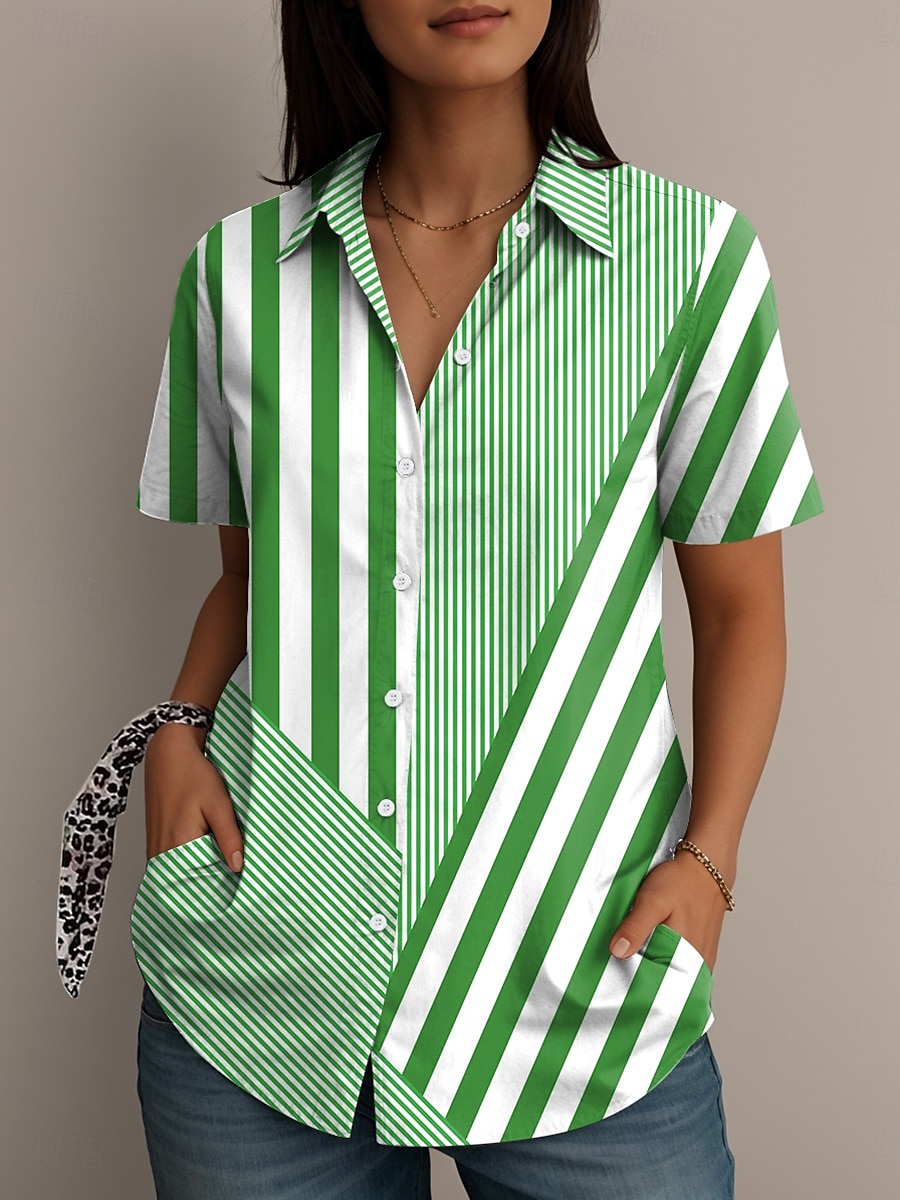 Femmes Chemise Graphique Géométrique Rayé ancien Élégant Occasionnel Manche Courte Col de chemise Hauts Réguliers Quotidien Rouge Bleu Vert Été Printemps de 2025 ? $24.99 –P4