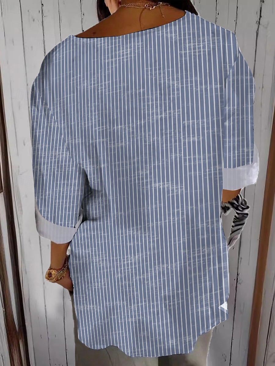 Dame Skjorte Grafisk Stripet Årgang Stilfull Moderne 3/4 ermer Crew-hals Vanlige topper Daglig Ferie Strand Klær Trykt mønster Blå Sommer Vår 2025 - $29.99 –P3