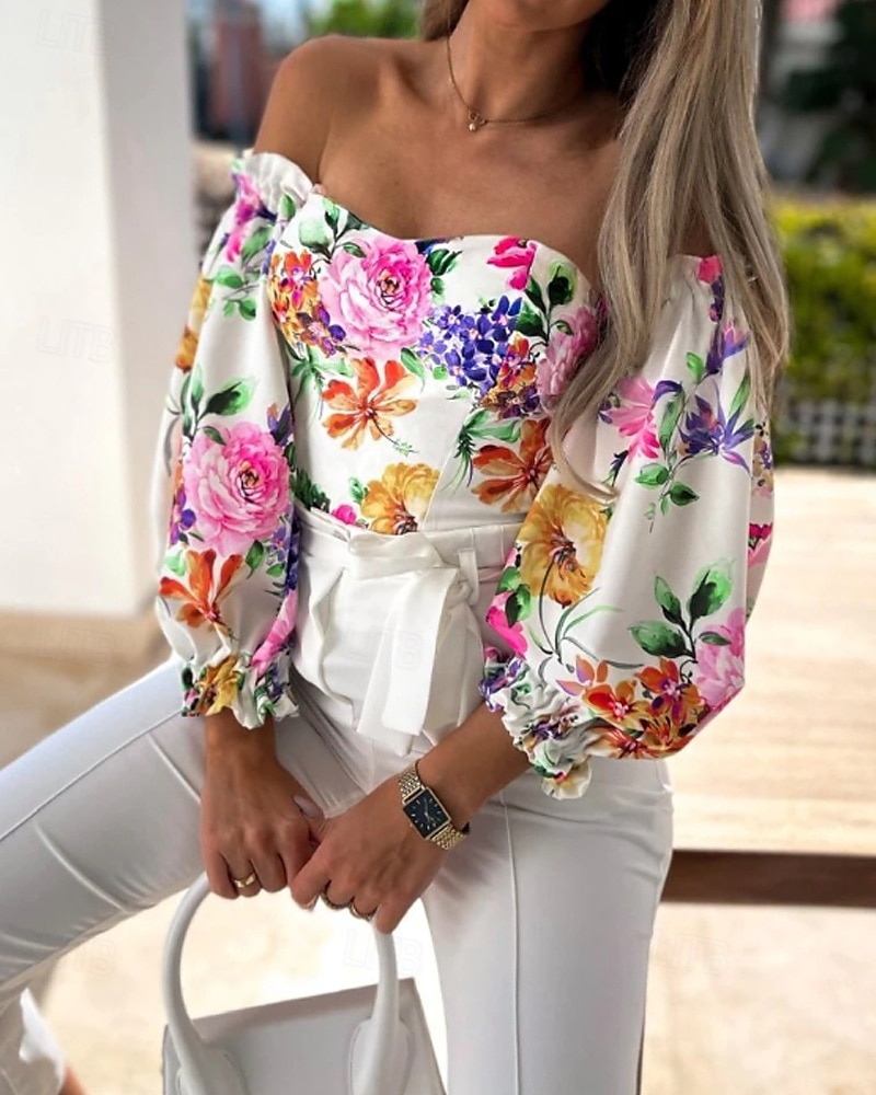 Damen Boho-Hemd Bluse Blume Modern Boho Langarm Schulterfrei Normale Oberteile Täglich Ausgehen Druck Erröten Sie Rosa Rosa Wein Rote Purpur Sommer 2025 - $21.99 –P2