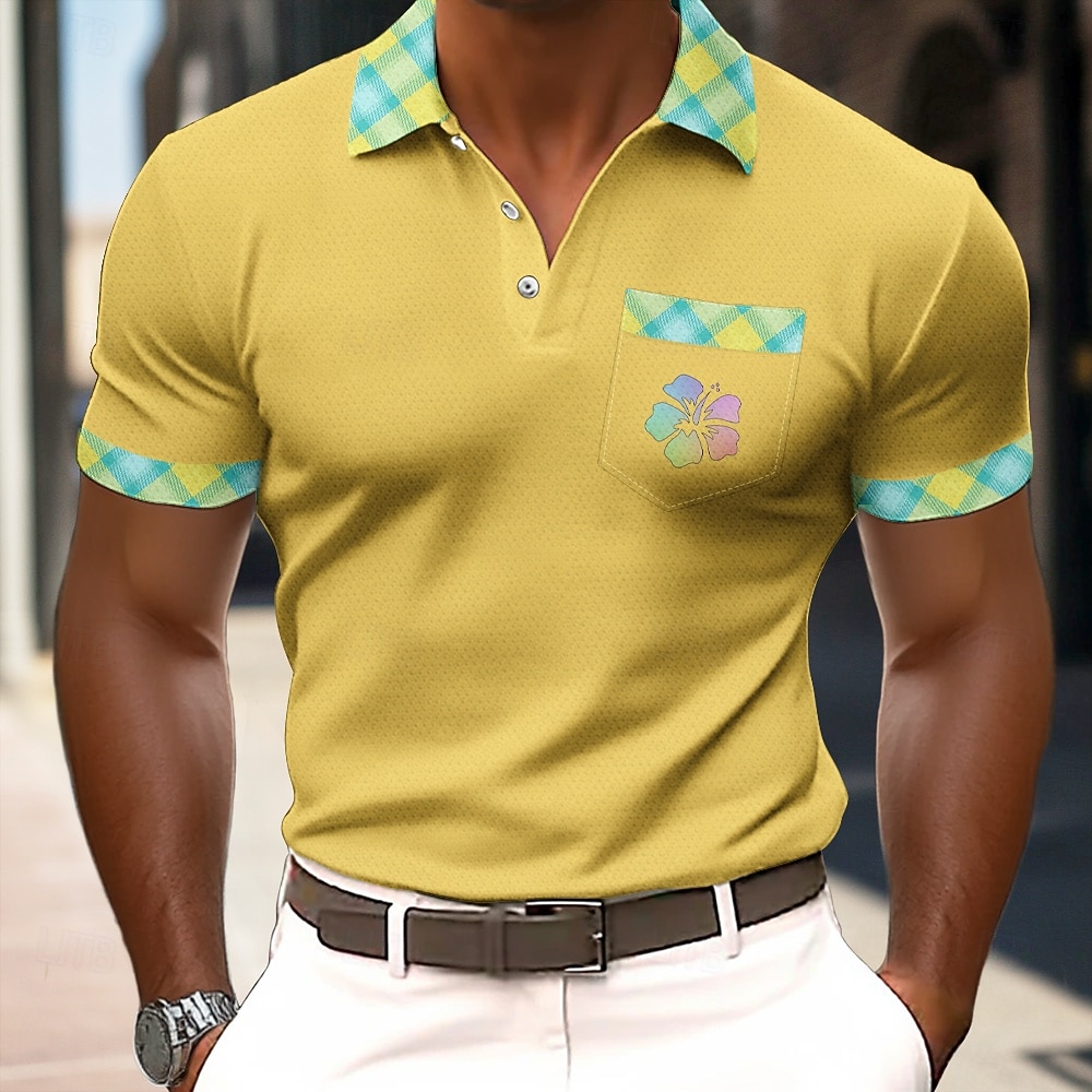 Men's Graphic Waffle Polo Shirts Textured Short Sleeve Polo Shirts Collared Shirts Business Casual Business Daily Wear Pocket 3D Print Buttons Summer Blue Yellow Green 2026 - $24.99 –P2