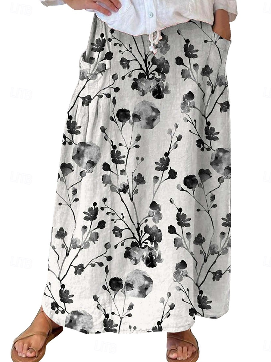 Dame الالتفاف A-linje Bohem Årgang Fritid Maksi Høy Midje Skjørt Blomster Lomme Trykt mønster Mikroelastisk Gate Daglig Hvit Blå Grønn Grå Sommer Polyester Bomullsblanding 2025 - $29.99 –P2