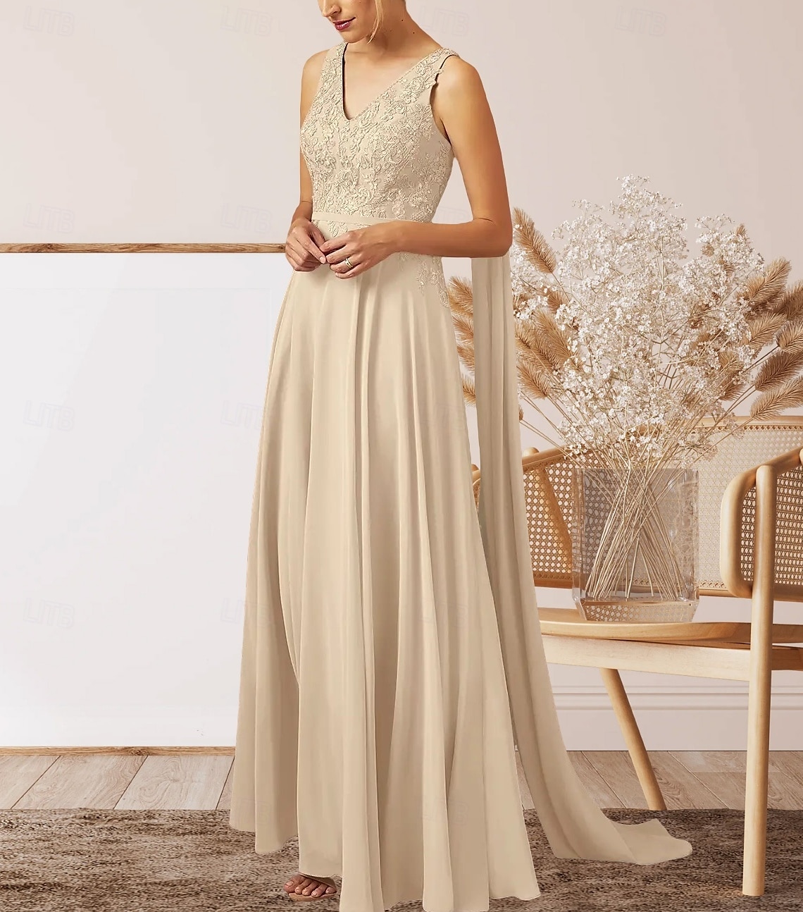 A-Line Wedding Guest Dresses Elegant Dress Wedding Guest Engagement Floor Length Sleeveless V Neck Fall Wedding Guest Chiffon with Appliques 2025 - $169.99 –P1