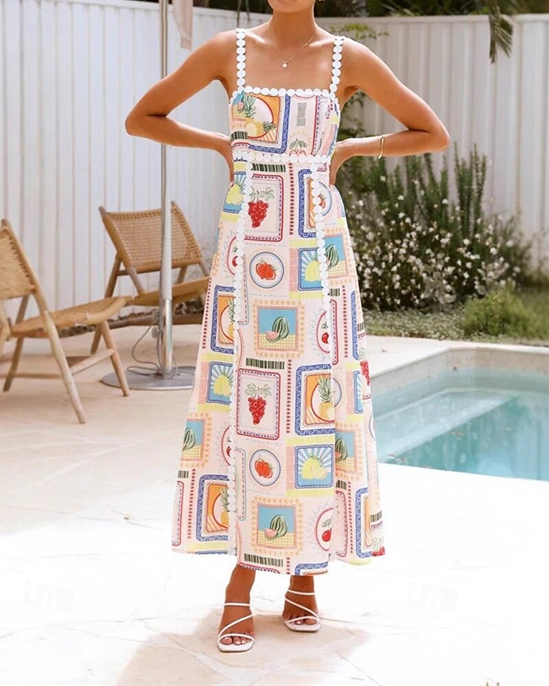 Women's Long Dress Maxi Dress Cotton Linen Dresses Casual Dress Fashion Outdoor Party Holiday Regular Fit Fruit Sleeveless Spaghetti Strap Beige Summer 2025 - $42.99 –P2