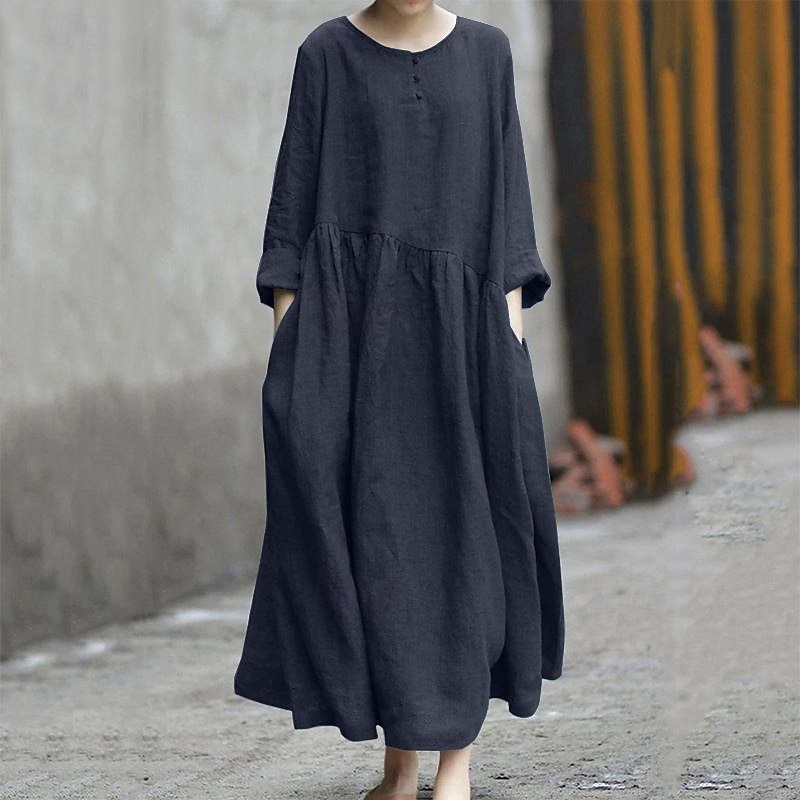 Femmes Robe Midi Robe en coton et lin Classique Moderne Extérieur Vacances Fête Coupe régulière Uni manche longue Col ras du cou Noir Rouge Vert Été de 2025 ? $32.99 –P3