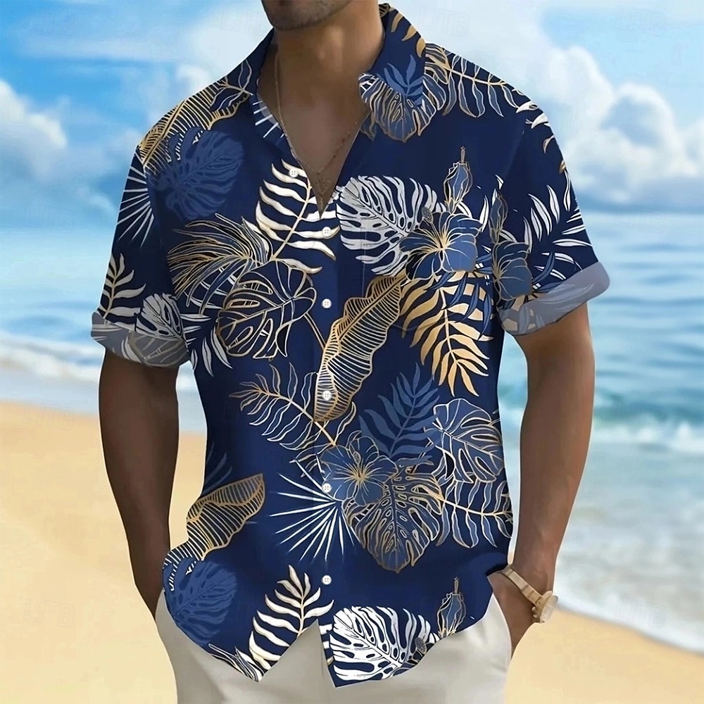 Herre Palmeblad Tropiske planter Hawaii skjorte Skjorte med knapper Aloha skjorte Kortermet Hawaiisk Ferie Strand Klær Sommer Vår Aftæpning 3D-utskrift krage skjorter Front One Lomme Svart Grønn 2025 - $23.99 –P4