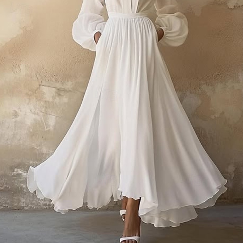 Damen Langes Kleid Maxikleid Weißes Kleid Schwingkleid Mode Outdoor Urlaub Ferien Normale Passform Einfach Langarm V Ausschnitt Weiß Sommer 2025 - $31.99 –P3