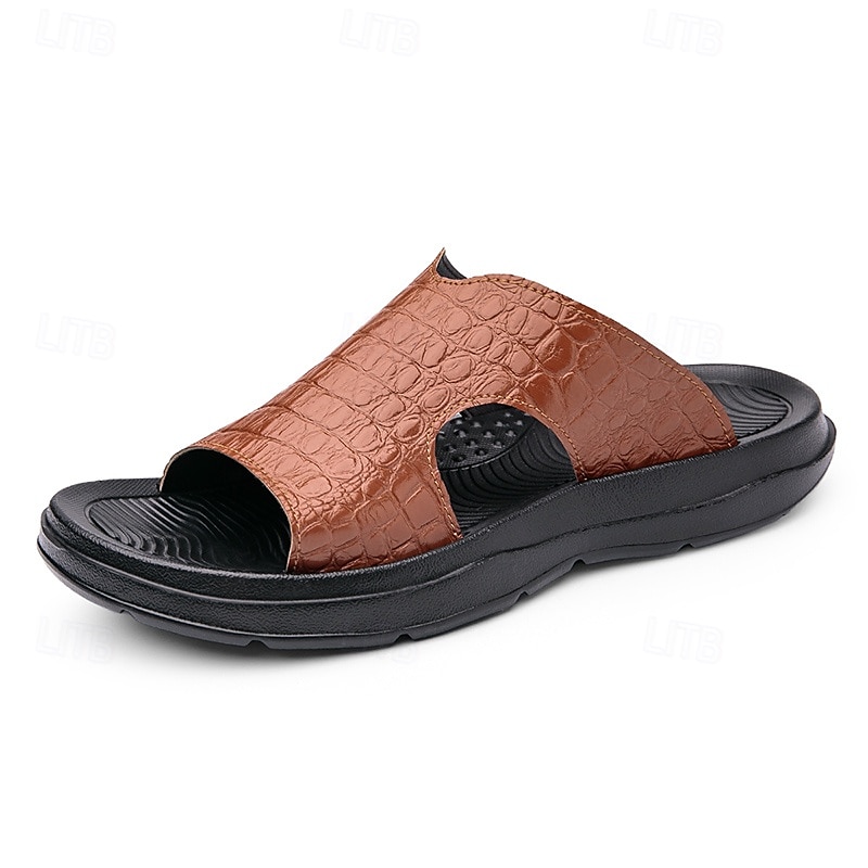 Men's Copper Faux Leather Slide Sandals with Embossed Crocodile Pattern and Black Cushioned Sole – Stylish Slip-On Sandals for Indoor Lounge, Poolside Relaxation, or Resort Wear 2025 - $34.99 –P5