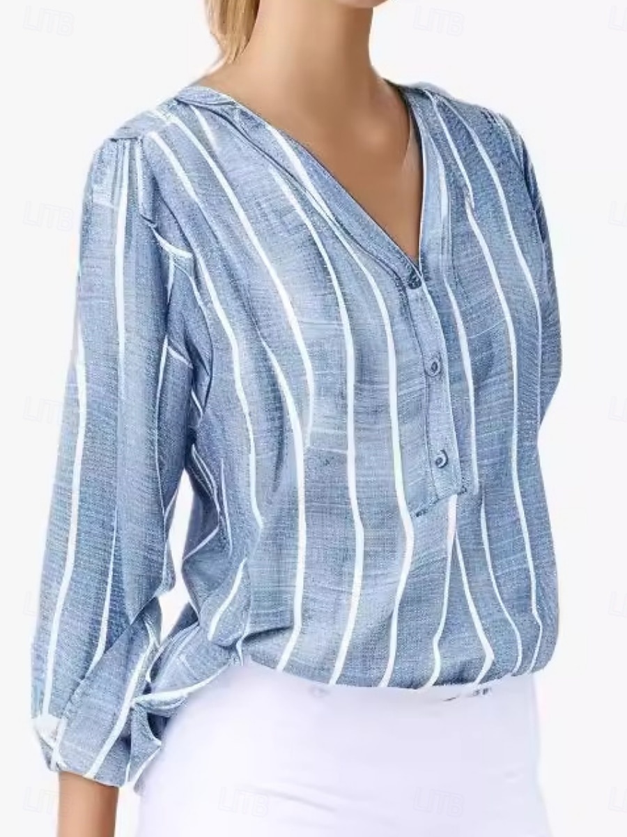 Dames Overhemd Gestreept Stijlvol Casual Lange mouw V-hals Normale tops Dagelijks Afdrukken Wit blauw Grijs Licht Blauw Zomer Lente 2025 - $18.99 –P5