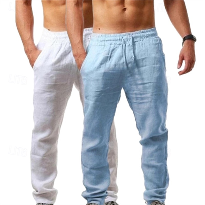 Pacote com 2 calças de linho masculinas, calças de verão, calças largas, calças de praia, cordão, cintura elástica, lisas, confortáveis, respiráveis, comprimento total, uso ao ar livre, diário, moda de férias, estilo clássico, branco + azul celeste de 2025 por $29.99 –P2