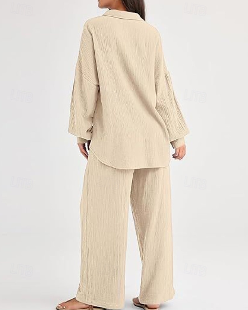 Women's Active Fashion Cotton Linen Shirts Cotton Linen Sets Blouse Long Sleeve Shirt Collar Solid Color Dubbele Rij Knopen Holiday Casual Daily Black Ivory Wine Summer Regular Fit 2025 - $37.99 –P20