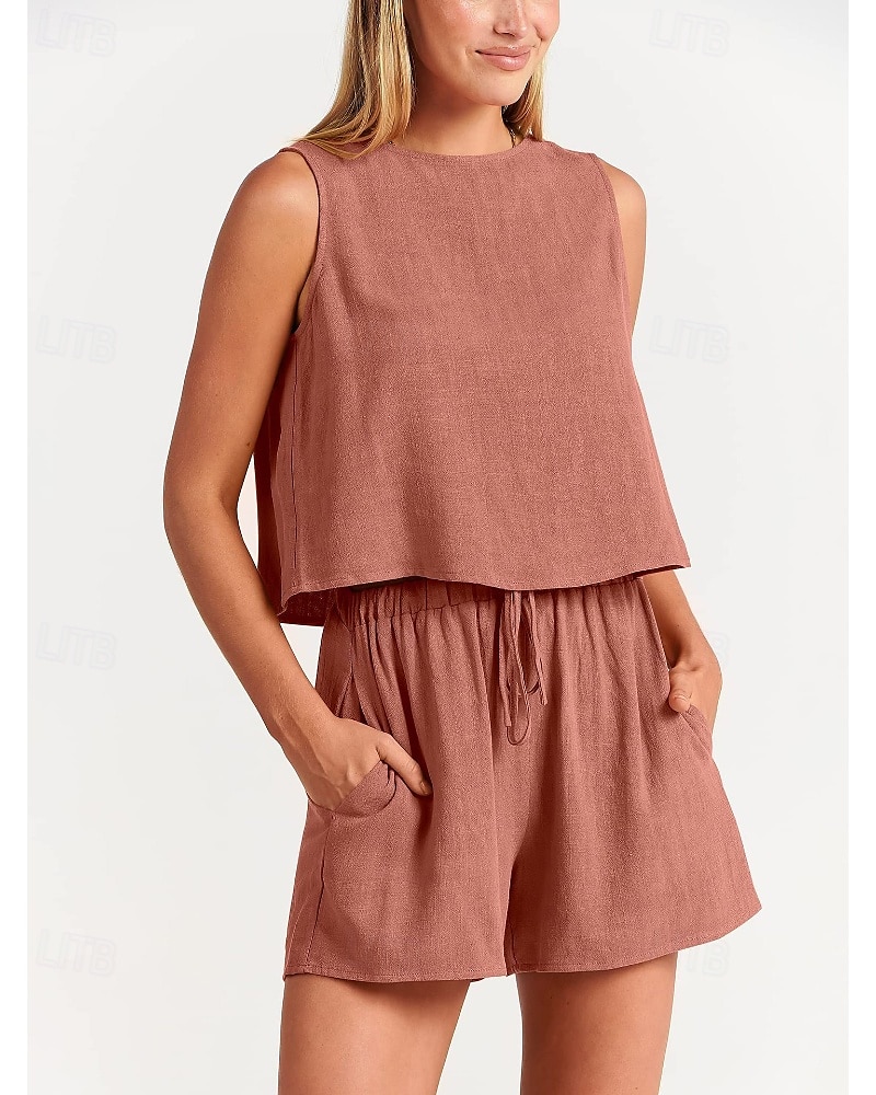 Damen Aktiv Basic Baumwoll-Leinen-Sets Bluse Shorts-Sets Ärmellos Rundhalsausschnitt Einfarbig Kordelzug Ausgehen Wochenende Schwarz Blau Orange Sommer Normale Passform 2025 - NZ $63.49 –P6