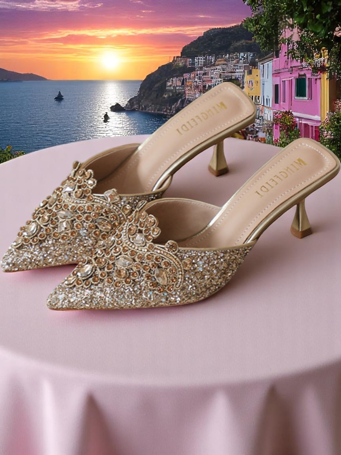 Damen-Pantoletten mit goldenen Pailletten – spitze Schlupfschuhe mit Strass-Details für glamouröse Cocktail-Events 2025 - $42.99 –P2