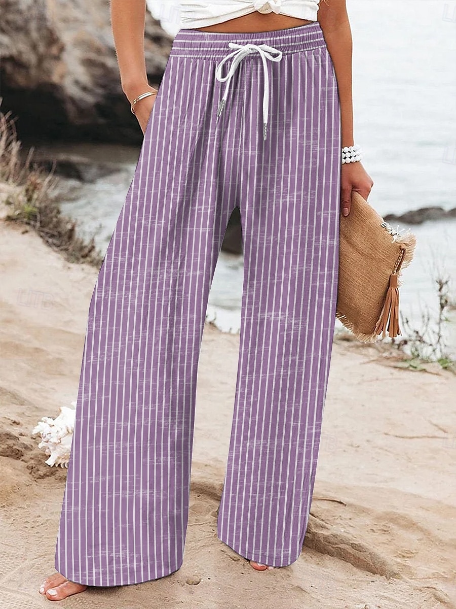 Per donna Gamba larga Chinos Pantaloni Larghi Vacanza Vintage Moda Lunghezza intera Vita Alta Grafico A righe Stampa Micro-elastico Formale Vacanza Streetwear Viola Rosso rubino Verde Estate Primavera del 2025 a $24.99 –P2