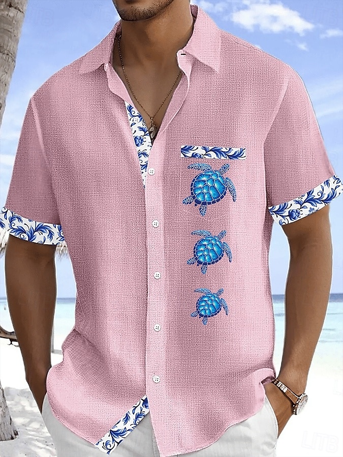 Men's Shirt Linen Shirt Summer Shirt Beach Shirt Button Up Shirt Turtle Vacation Holiday White Pink Sky Blue Green Short Sleeve Turndown Summer Clothing Apparel Front Pocket 2025 - $26.99 –P2