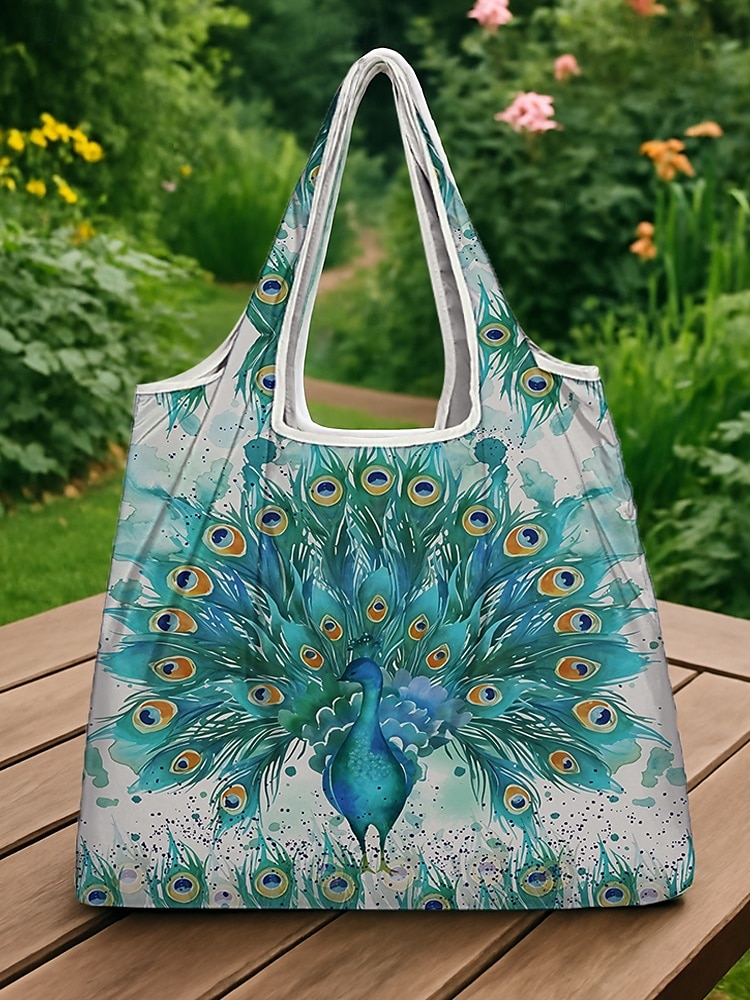 Sac fourre-tout pliable à imprimé paon pour femme - Sac de courses réutilisable de grande capacité avec un design aquarelle élégant, léger et élégant, idéal pour un usage quotidien, les voyages et les achats écologiques de 2025 ? $14.99 –P5
