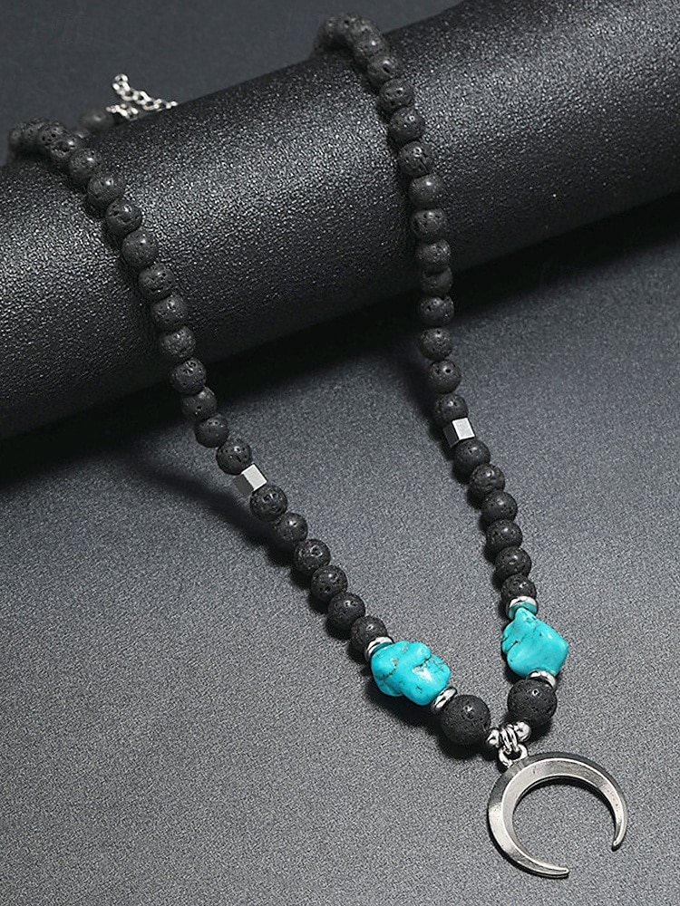 Men's Lava Rock Beaded Necklace with Turquoise and Crescent Moon Pendant - Boho Style, Adjustable Length, Unisex for Casual Wear, Outdoor and Daily Use 2025 - $9.99 –P3