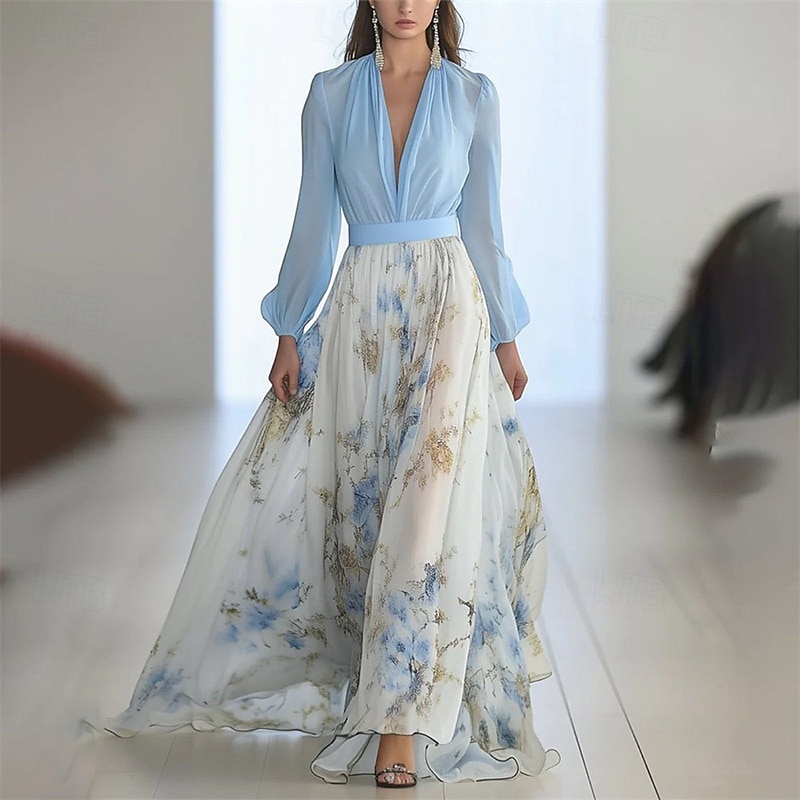 Damen Langes Kleid Maxikleid Freizeitkleid Blumenkleid Elegant Mode Romantisch Outdoor Ferien Date Normale Passform Blume Langarm V Ausschnitt Weiß Blau Sommer Frühling 2025 - $30.99 –P1
