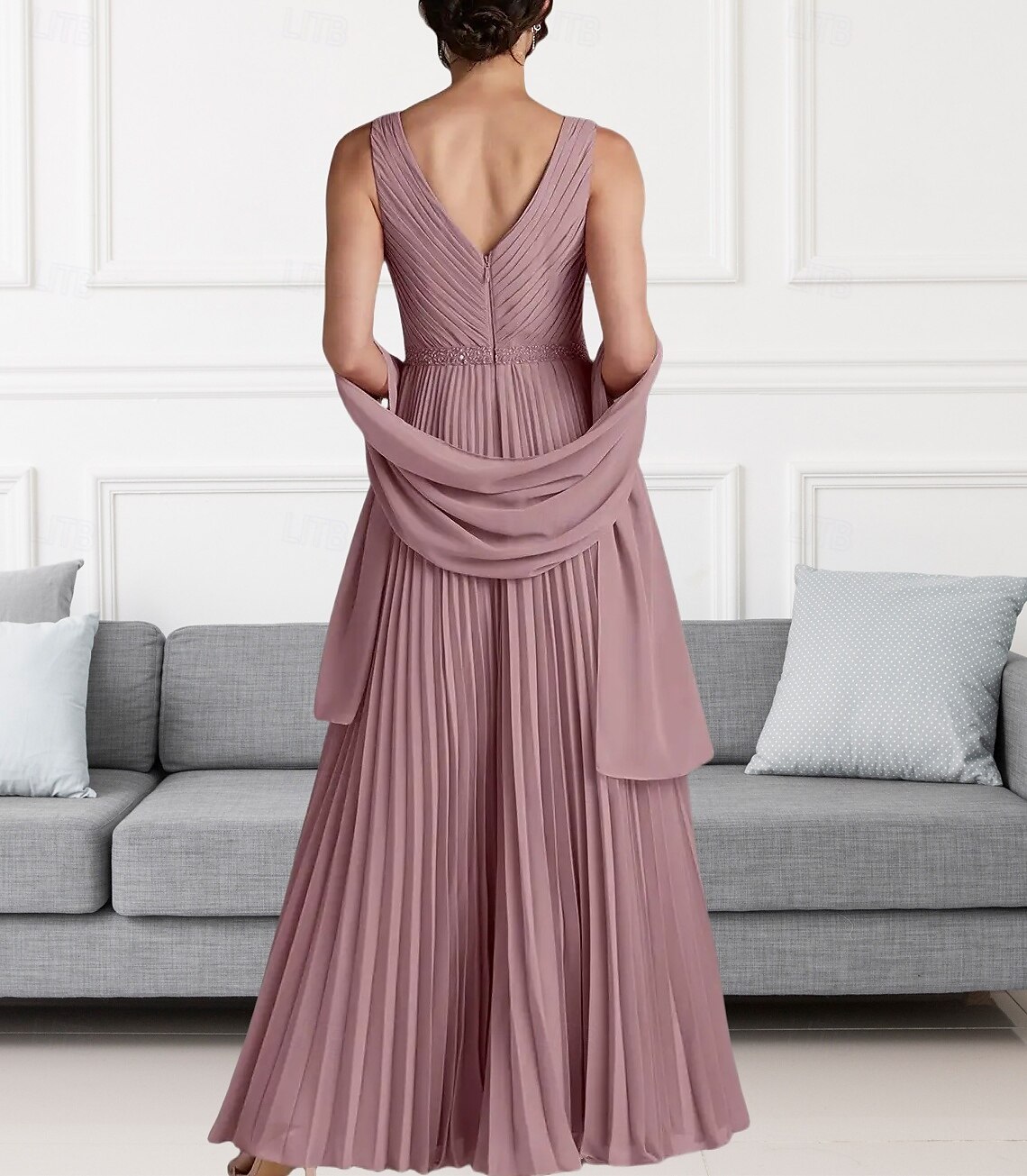 Ligne A Robe de Mère de Mariée  robe demoiselle d honneur Élégant Col en V Longueur au sol Chiffon Sans manches Echarpe incluse avec Perlage Fronces 2025 de 2025 ? $164.99 –P2