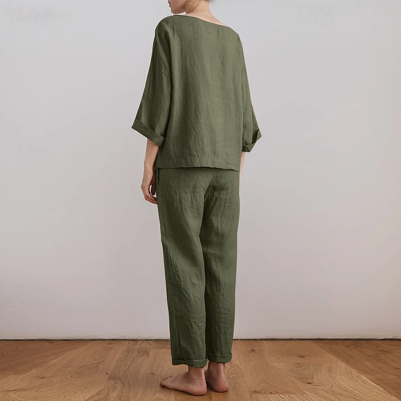 Dames Actief Basic Katoenen linnen overhemden Blouse Broeken Sets Lange mouw Strakke ronde hals Effen Kleur Buiten Uitgaan Blozend Roze Leger Groen Beige Zomer Normale pasvorm 2025 - $26.99 –P9
