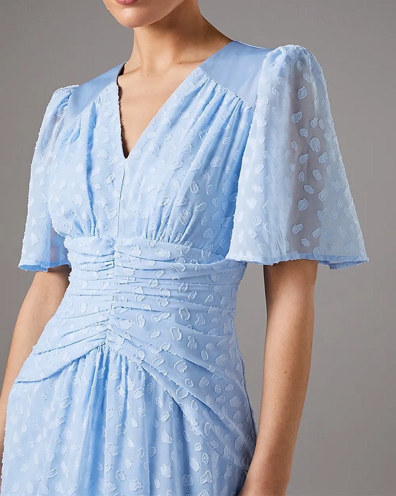 Himmelblau verbrannte Punkte Spitze A-Linie Mutter der Braut Kleid Elegant Einfach Hochzeitsgastkleid V-Ausschnitt Bodenlang Chiffon Spitze Kurzarm mit Raffung 2025 - $129.99 –P2