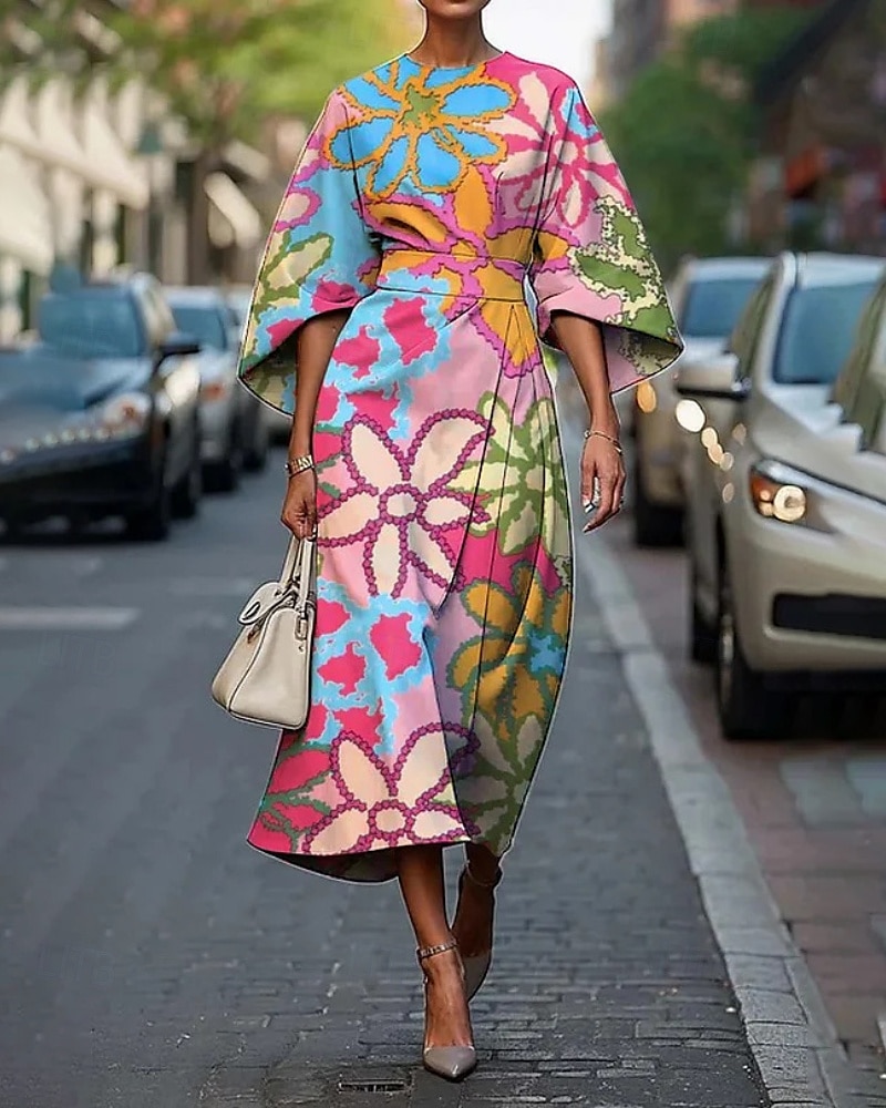 Dame Midikjole Floral kjole Print kjole Elegant Mote utendørs Feriereise Ut på byen Normal Blomsternål i krystall Halvlange ermer Crew-hals Rosa Fersken Grønn Mørkeblå Sommer 2025 - $25.99 –P2