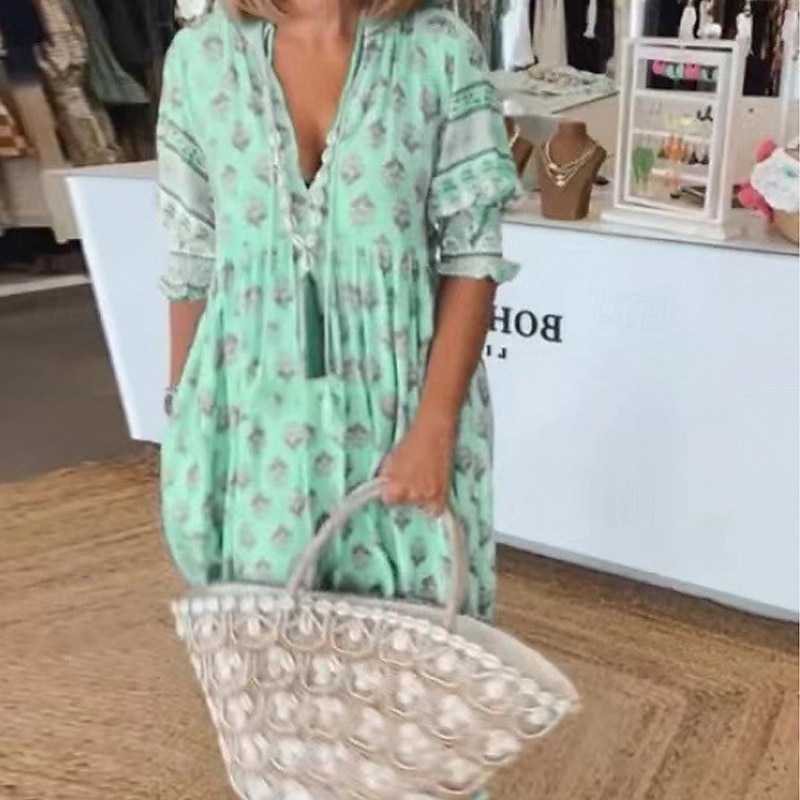 Pentru femei Rochie Lunga Rochie Maxi Rochie casual Rochie Boho Modă În aer liber Petrecere Concediu Fit regulat Geometric Manșon scurt În V Roz Îmbujorat Albastru piscină Trifoi Vară 2025 - $28.99 –P5