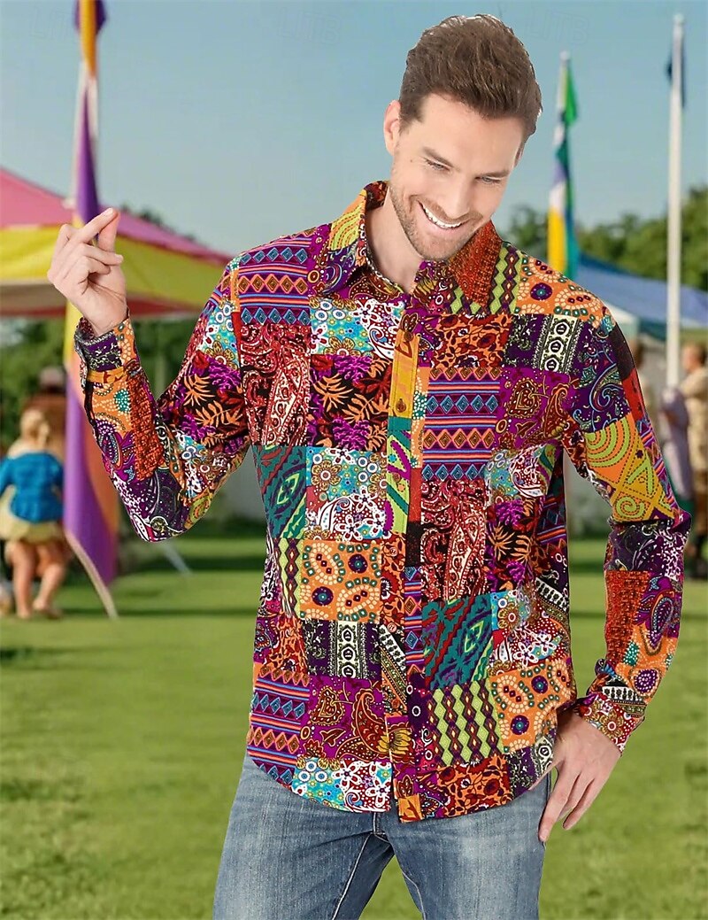 Retro / vintage Boho 1970 Koszula Hipisowskie Niejednolita całość Psychodeliczny Strój na bal maskowy Męskie Halloween Karnawał taniec uliczny Impreza w stylu retro Festiwal Dla dorosłych Koszula 2026 - $27.99 –P4