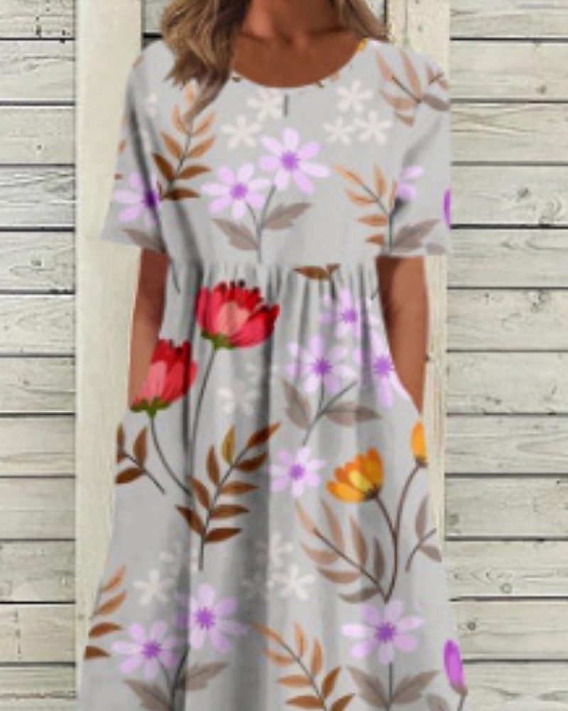 Damen Midikleid Freizeitkleid Blumenkleid Klassisch Modern Urlaub Täglich Ausgehen Normale Passform Blume Kurzarm Rundhalsausschnitt Purpur Grau Sommer 2025 - $22.99 –P4