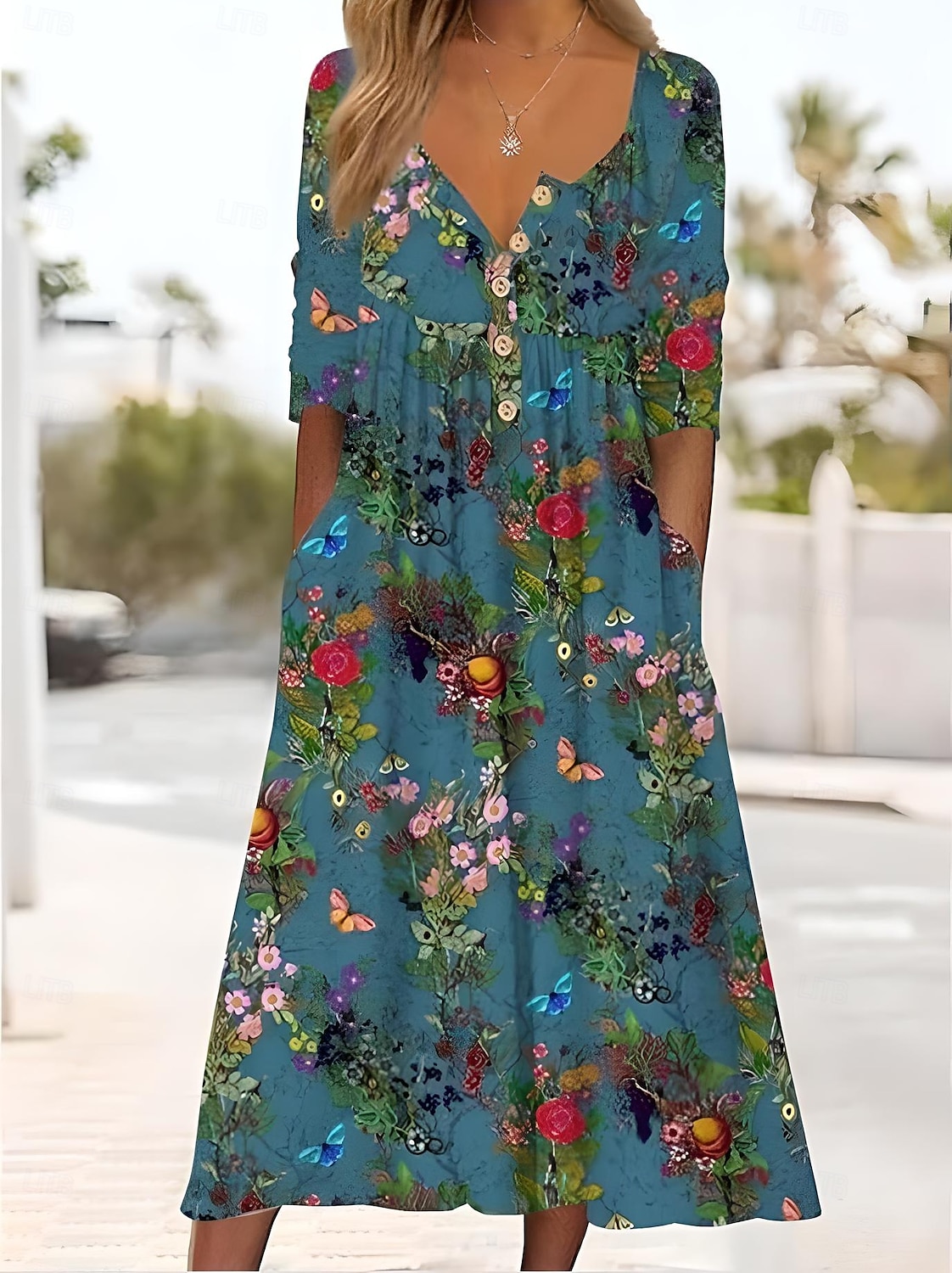 Women's Midi Dress Casual Dress Sundress A Line Dress Summer Dress Vacation Casual Beach Holiday Loose Fit Floral Graphic Short Sleeve Crew Neck White Ivory Dark Green Dusty Blue Summer 2025 - $36.99 –P2