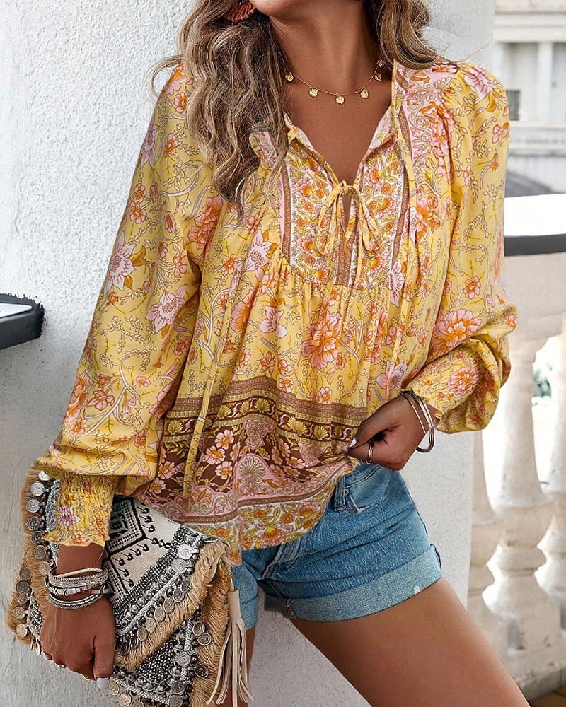 Women's Boho Shirt Blouse Flower Modern Boho Long Sleeve V Neck Regular Tops Daily Going out Print Yellow Pink Navy Blue Blue Orange Summer 2025 - $22.99 –P2
