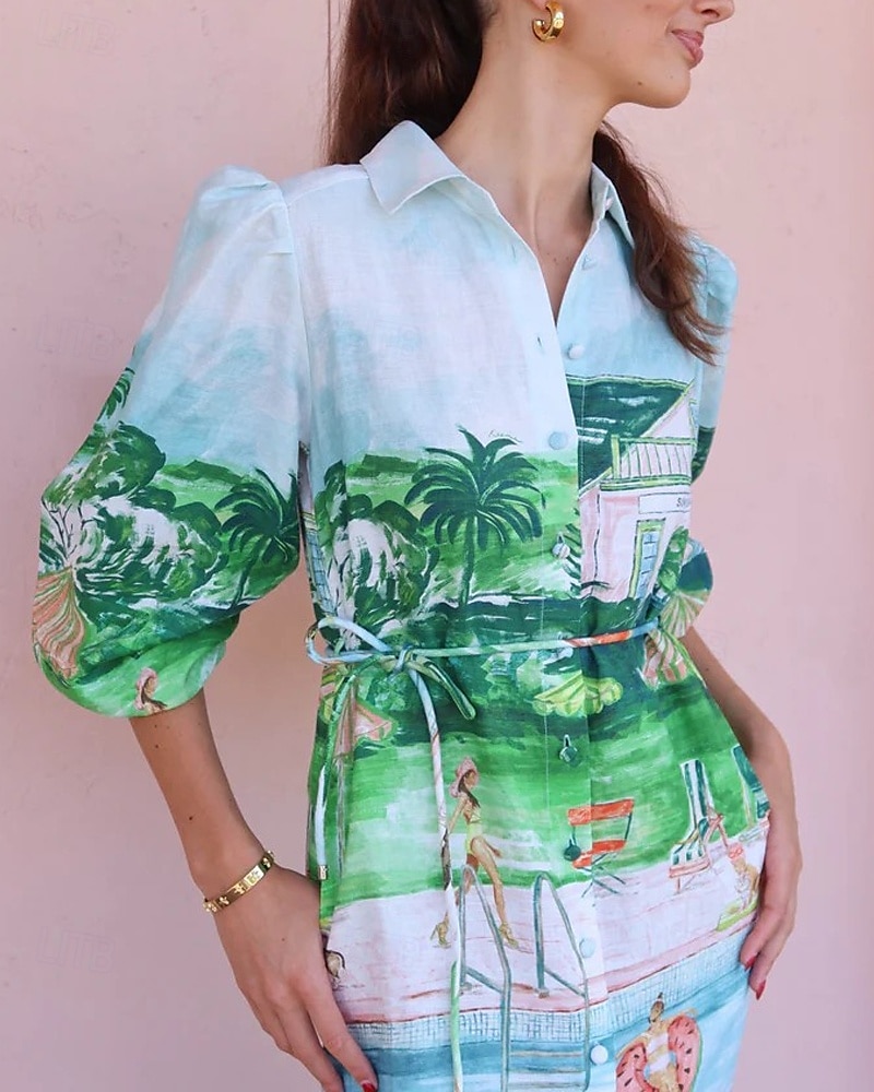 Pentru femei Rochie Lunga Rochie Maxi Rochii de in bumbac Rochie casual Modă În aer liber Petrecere Concediu Fit regulat Decor Lungime Manșon 3/4 Guler Cămașă Trifoi Vară 2025 - $42.99 –P4