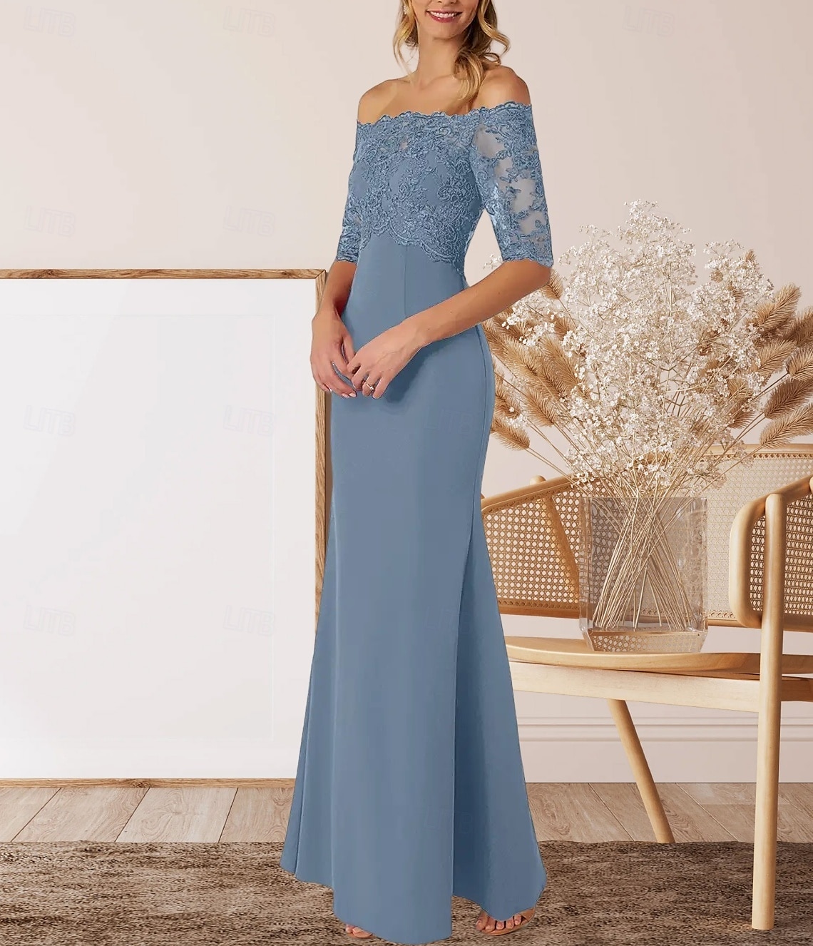 A-Line Mother of the Bride Dress Wedding Guest Elegant Off Shoulder Floor Length Chiffon Half Sleeve with Lace 2025 - $161.99 –P3