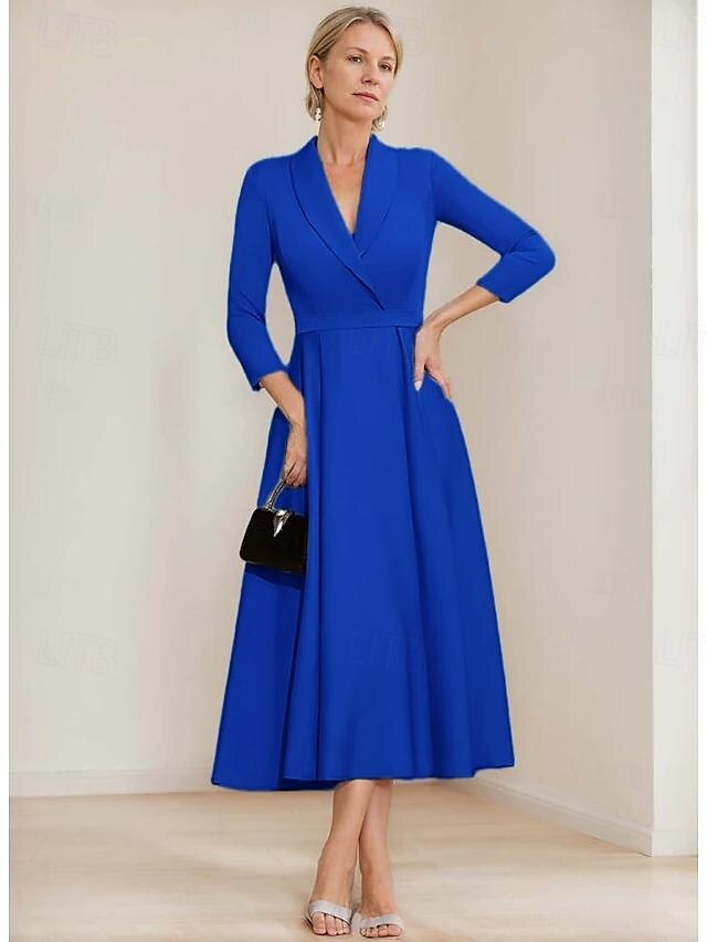 vestido blazer linha a mãe da noiva vestido crepe elegante simples lapela decote comprimento chá cetim manga 3/4 com cor sólida 2025 de 2025 por $169.99 –P14