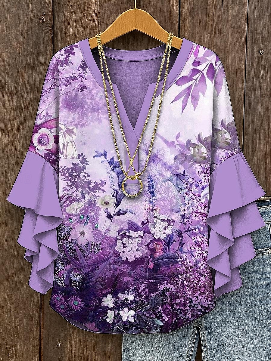 Dame Bluse Nyanse Blomstret Grafisk Elegant Bohem Etnisk 3/4 ermer V-hals Vanlige topper Daglig Ferie Ferieklær Trykt mønster Gul Rosa Blå Lilla Grønn Sommer Vår Høst 2025 - $29.99 –P1