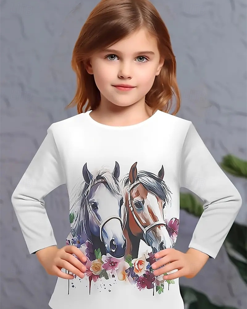 Девочки 3D Животное Лошадь Футболка Длинный рукав Весна Осень Мода Классический Дети 4-12 лет Вырез под горло на открытом воздухе Повседневные Стандартный 2026 - $13.99 –P2