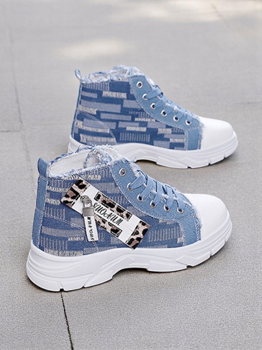 Damen-Denim-High-Top-Plateau-Sneaker mit Leoparden-Detail – lässige Streetstyle-Schnürschuhe für Teenager und junge Erwachsene 2025 - $26.99 –P2