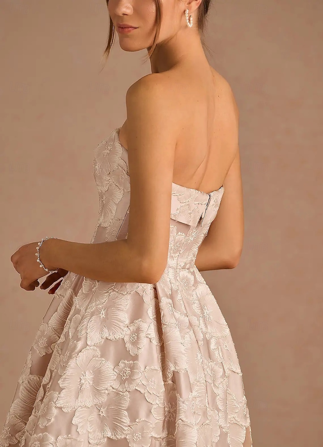 Virágos jacquard A-vonalú koktélruhák elegáns ruha formális eljegyzés tea hosszú midi hosszú ujjatlan pánt nélküli redőkkel 2025 - $159.99 –P3