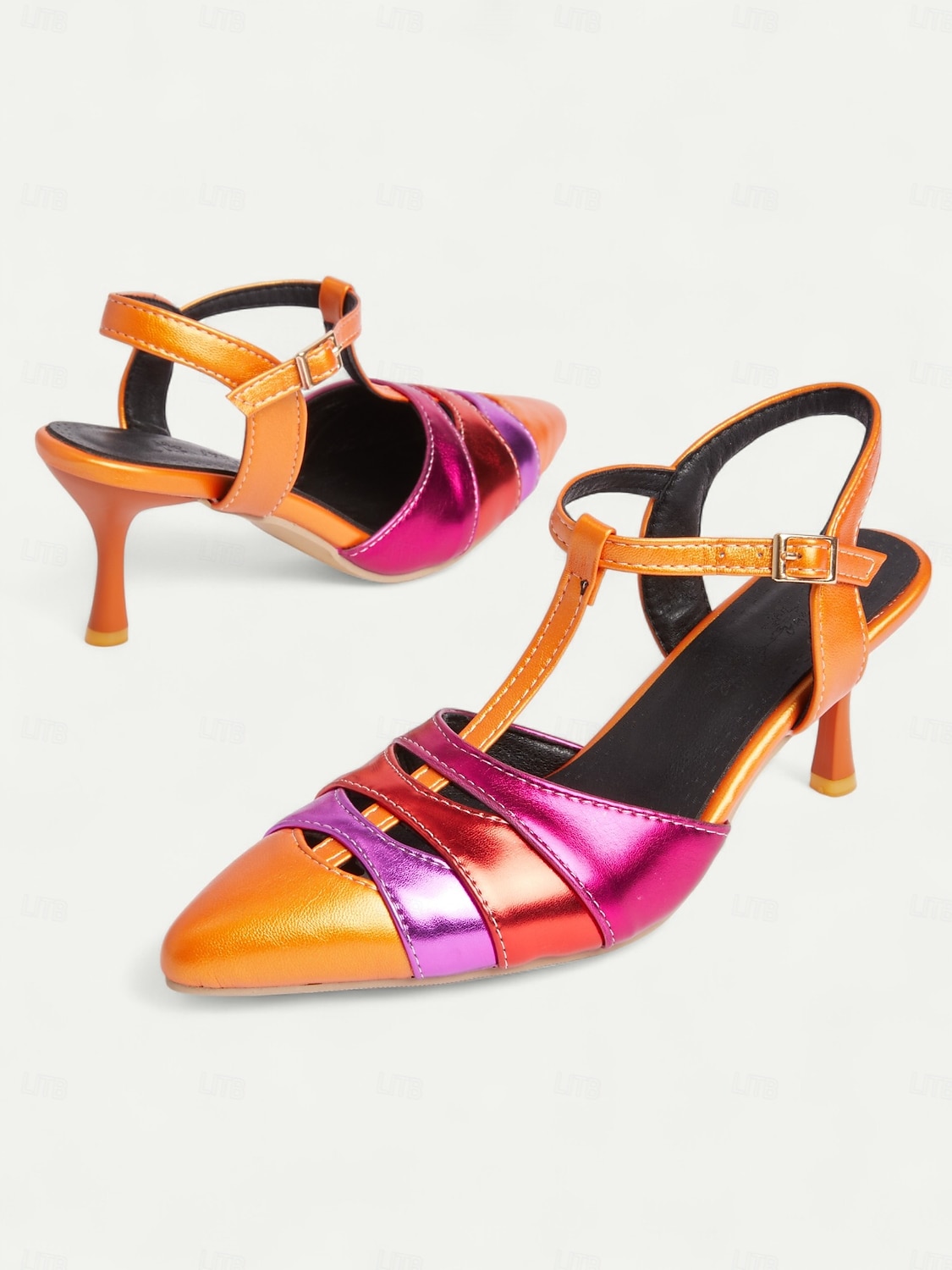 scarpe con tacco a T metallizzate arancioni e fucsia da donna – décolleté a punta colorblock in stile kitten retrò per feste danzanti, discoteche ed eventi vintage anni '70 del 2026 a $46.99 –P1