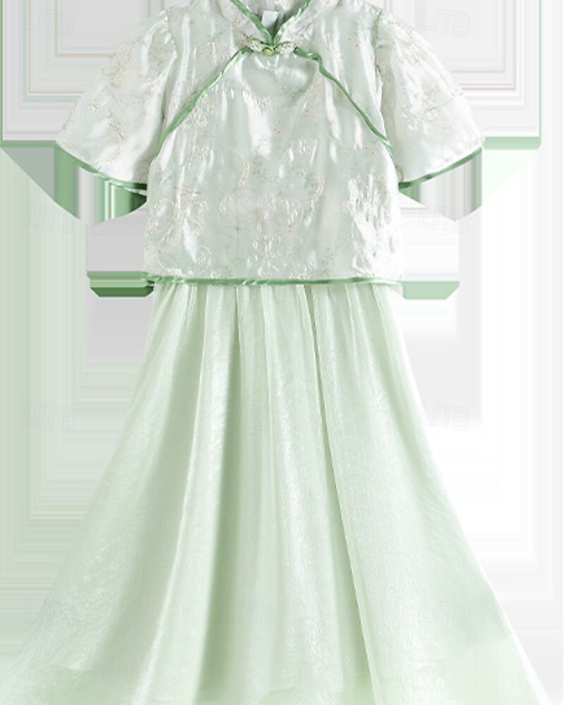 Kids Girls' Dress Solid Color Short Sleeve Outdoor Mesh Patchwork Adorable Polyester Knee-length Casual Dress Summer 4 years+ Green 2025 - $64.99 –P8
