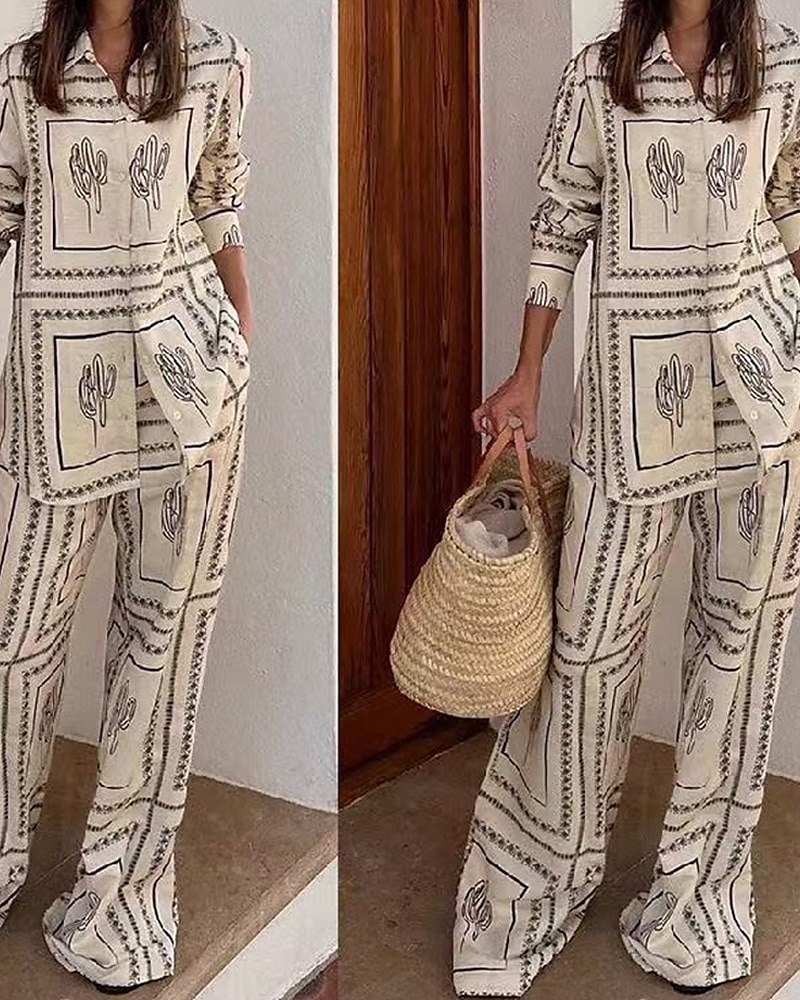Femmes Mode Streetwear Chemises en coton et lin Ensembles en coton et lin Ensembles de Pantalons Manche Courte Col de chemise Géométrique Imprimé Tenue quotidienne Date Beige Été Coupe régulière de 2025 ? $44.99 –P1